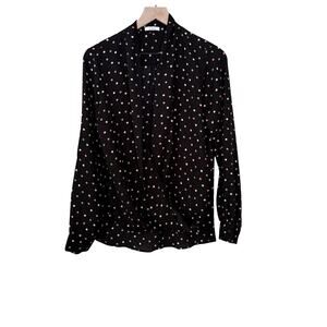 PLEIONE Navy Blue Polka Dot Deep V Neck Open Ruched Long Sleeve Sheer Blouse